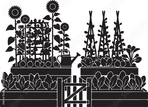 A detailed silhouette of a vibrant community garden, featuring raised beds with various crops, trellises, sunflowers, and a watering can, all enclosed by a small gate.