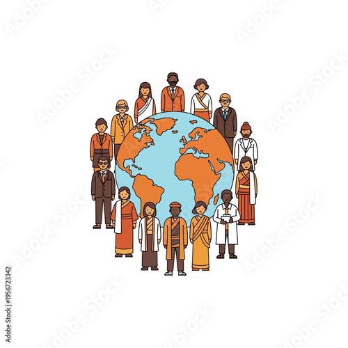 Diverse people from various cultures and ethnicities standing around a globe, symbolizing global community, diversity, and multiculturalism.