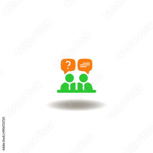 Vector illustration of two businessman and speech bubbles with questiona mark and text. Symbol of interpersonal communication skills.