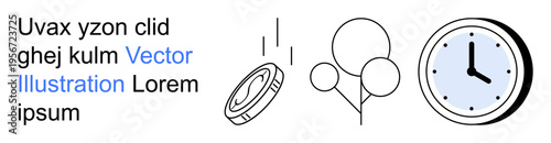Finance, celebration, time management, life organization, abstract concepts, minimalism. Line art of a coin, balloons and a clock. Finance and celebration conceptual design