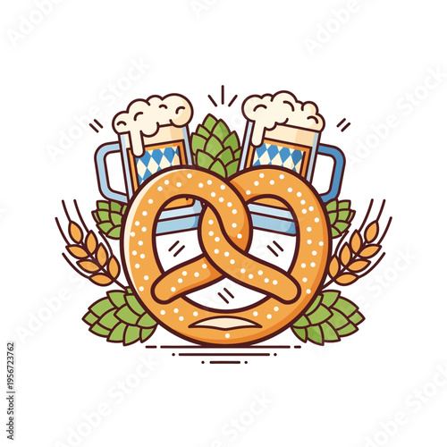 Pretzel with Beer Mugs and Hops Illustration for Festive Snack.