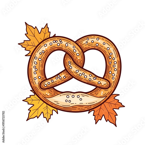 Hand-drawn salted pretzel with autumn maple leaves.