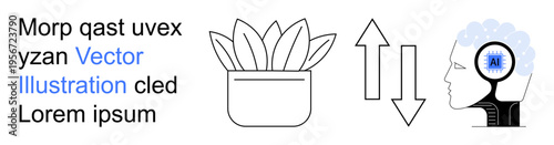Artificial intelligence, data flow, technology, innovation, natural integration, human mind. A plant pot, data arrows and a head with AI icon. Artificial intelligence and data flow concepts