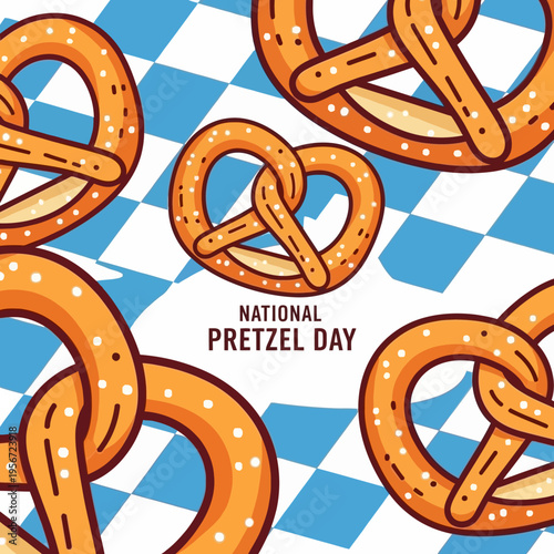 A festive illustration celebrating National Pretzel Day with several large, golden-brown pretzels scattered across a blue and white checkered background.