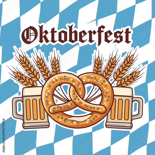 Illustration of Oktoberfest celebration elements featuring a pretzel, two beer steins, and wheat stalks on a traditional Bavarian diamond pattern background.