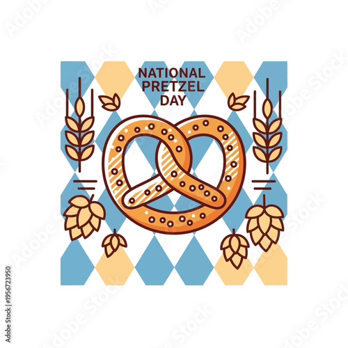 A graphic illustration celebrating National Pretzel Day with a pretzel, wheat, and hops on a diamond pattern background.