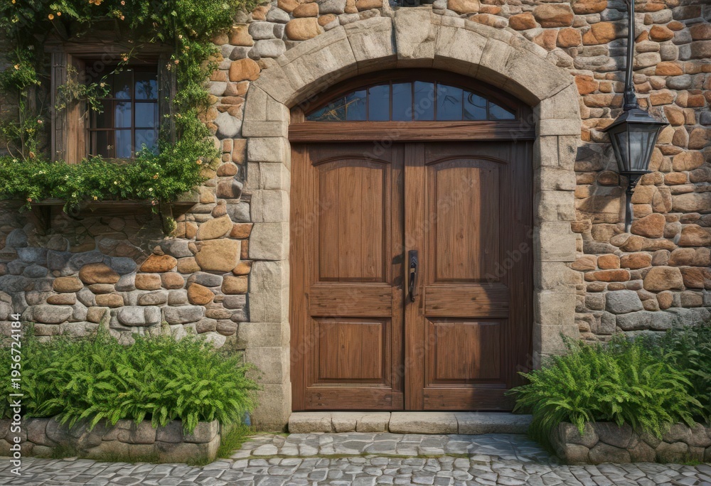 Fototapeta premium Traditional Basque stone house with greenery and wooden door, rural, architecture, green