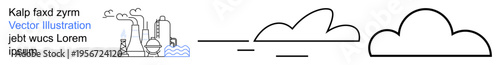 Sustainability, air pollution, clean energy, industrial production, environmental balance, minimalism. Factory chimneys emitting smoke, minimal cloud outline. Air pollution and sustainability