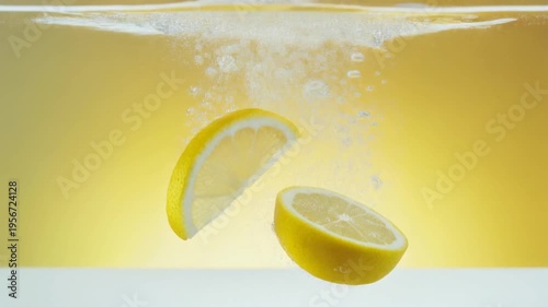 Fresh Lemon Slices Dropping into Water with Splash on Bright White and Yellow Background