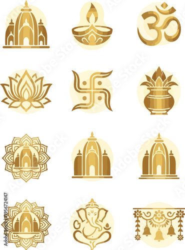 Collection of various golden Hindu religious and spiritual symbols on a white background in a flat lay composition.