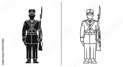 Set of 2 soldier icons vector, black and white