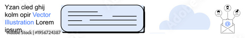 Digital communication, cloud storage, data sharing, online networking, email services, internet technology. Rectangle text box, cloud graphic email linked to users. Cloud storage and digital