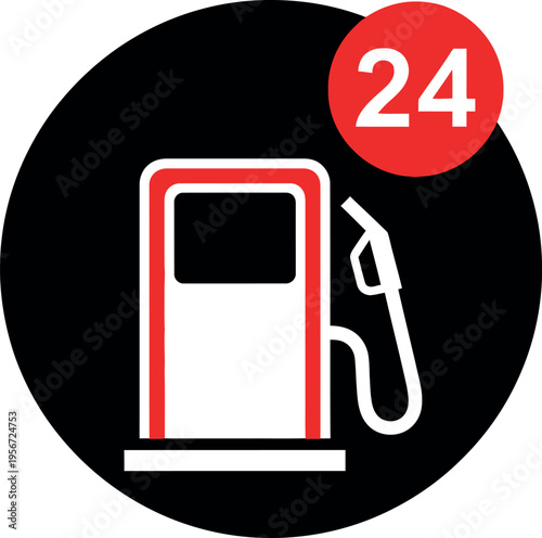 24-hour gas station pump icon vector illustration for fuel service, transportation, and travel apps