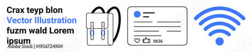 Education, social media, digital communication, wireless connectivity, technology, e-learning. A backpack, a social media card and a wireless icon. Education and social media