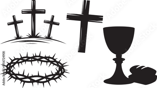 Religious symbols for holy week including crown of thorns and crosses