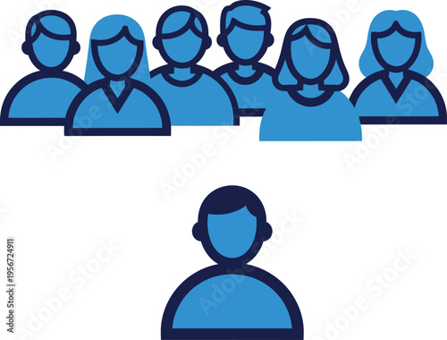 Blue vector icon of a single person leading a team of six people, representing leadership and teamwork