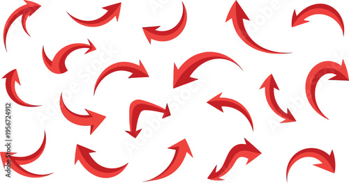 Set of 20 red curved arrow vector icons for navigation, direction, and progress indication