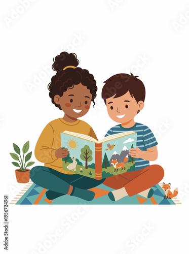 Two diverse children, a girl and a boy, sitting cross-legged on a rug, happily reading a colorful picture book together, with a small fox figurine nearby.