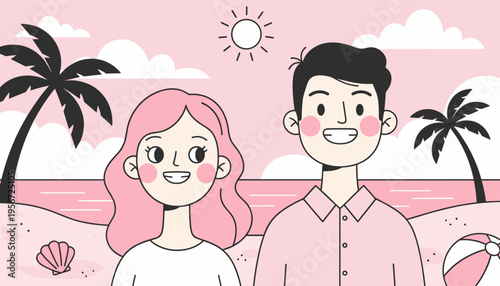 Romantic Couple at Beach Sunset Summer Lifestyle Illustration