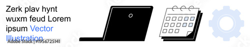 Workflow, productivity, scheduling, technology, organization, business. Black laptop, a calendar and a gear icon aligned together. Productivity and scheduling concepts