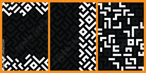Dynamic abstract geometric patterns in a vibrant black, white, and orange color scheme, showcasing intricate pixelated designs and a modern digital aesthetic ideal for backgrounds