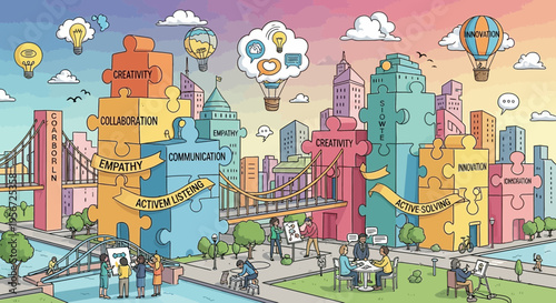 Colorful cityscape with puzzle pieces and communication concepts