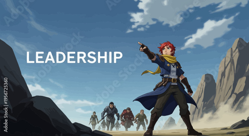 leader standing on mountain peak leading team