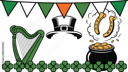 Irish celebration elements with harp hat pot of gold and lucky shamrock
