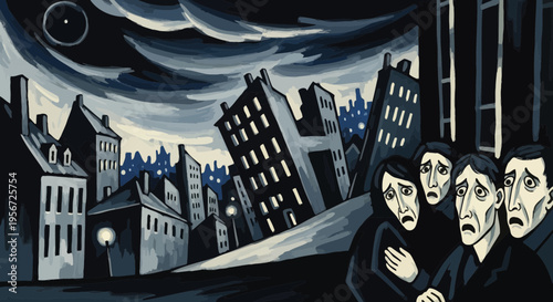 nighttime cityscape with worried people