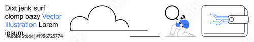 Cloud storage, online payment, data processing, user interaction, tech innovation, visualization. Cloud design, person with speech bubble and digital wallet. Cloud storage and online payment concept
