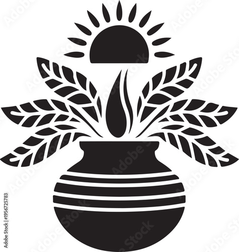 Traditional pot with sun and leaves black graphic