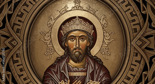 Medieval King Portrait Icon, Byzantine Art Style, Ornate Golden Halo and Crown
