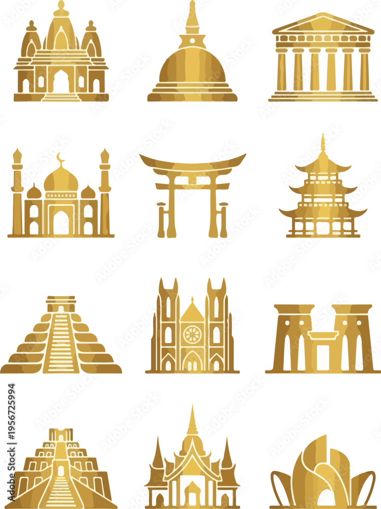 Obraz premium Flat lay of various golden architectural icons from around the world on a white background.