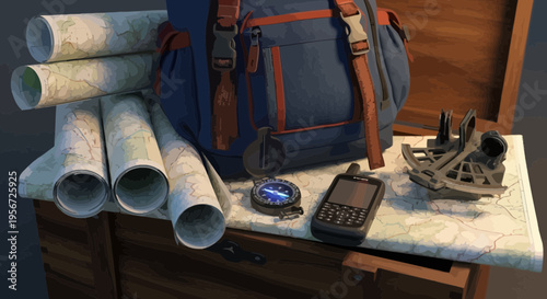 Adventure Gear: Backpack, Maps, Compass, GPS, Sextant on Treasure Chest