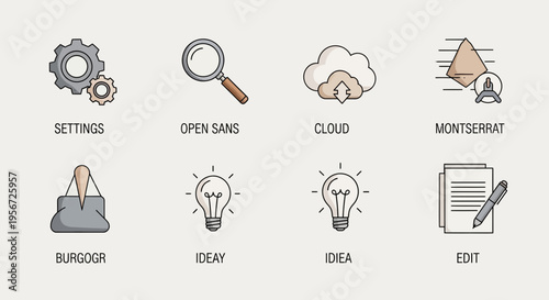Collection of modern flat icons for web and app design: settings, search, cloud, idea, edit
