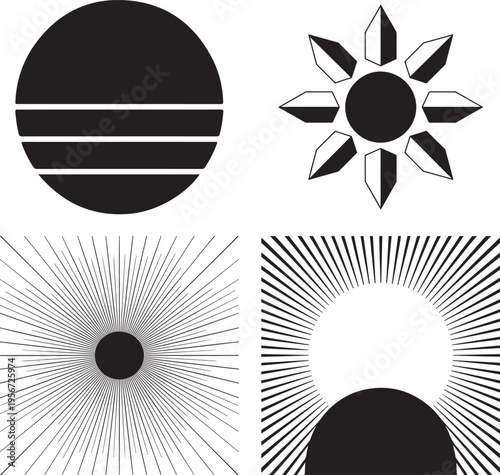 Abstract sun and eclipse symbols set, various celestial black geometric shapes
