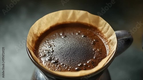 Pouring hot water over ground coffee beans in manual dripper. Making fresh drip coffee at home. Brewing process of a caffeinated drink in a rustic kitchen setup.