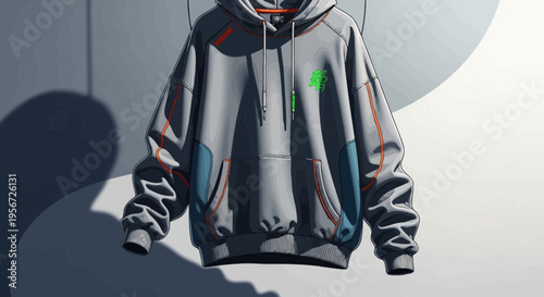 Modern gray hoodie with graphic logo, hanging on a hanger, urban style