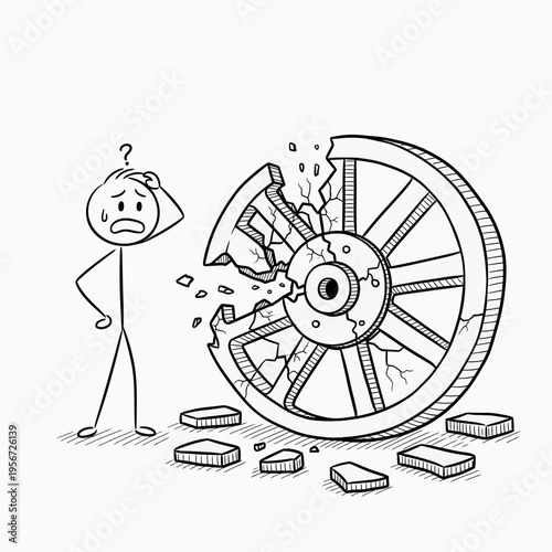 Man Standing Beside Broken Cogwheel Machine.