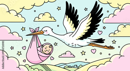 Stork delivering baby, cartoon illustration of new life, hope, and family.