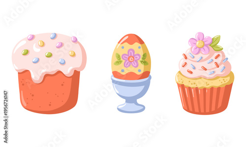 Easter sweets set with cake, cupcake and decorated egg. Cartoon vector illustration on white background