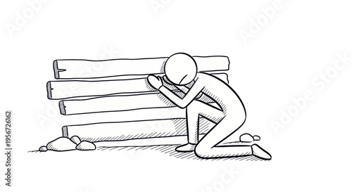 Man Struggling Under Heavy Wooden Beams.