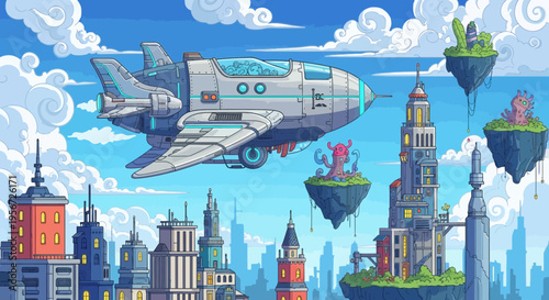 Pixel Art Spaceship Flying Over Futuristic Cityscape with Floating Islands
