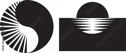 Yin yang symbol and sunset over water, black abstract shapes