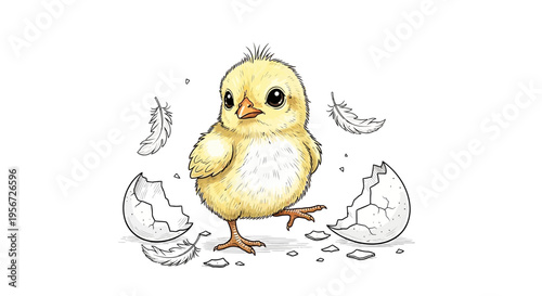 Cute baby chick hatching from egg with feathers on white background, illustration