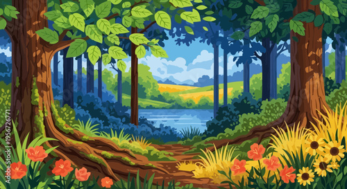 Enchanted Forest Clearing with Lake and Golden Fields