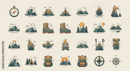 Adventure Icons: Camping, Hiking, Mountains, Compass, Backpacks, Tents, Boots