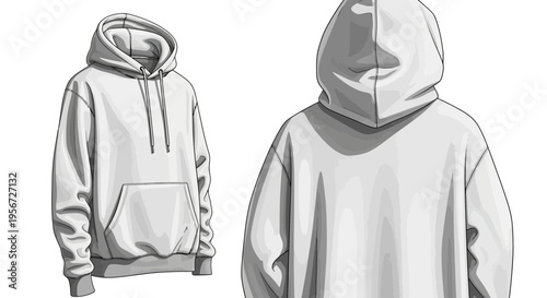 Blank White Hoodies, Front and Back View Illustration, Apparel Mockup