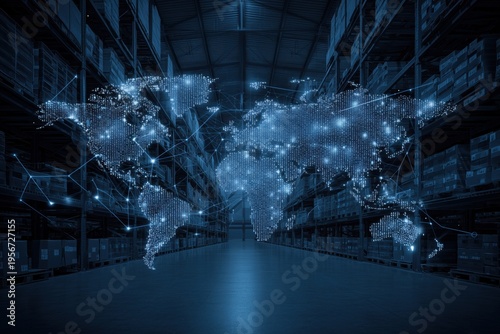 a digital map of the world made up from blue dots connected by lines, in front of a warehouse with pallets and a symmetrical background Generative AI