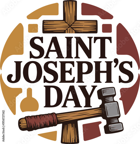 Saint joseph's day with cross and hammer inside a round shape illustration